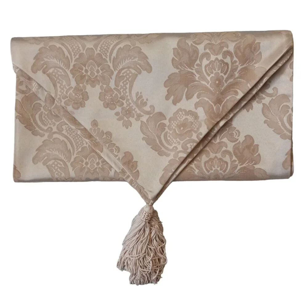 Fawn color damask jacquard table runner with tassels 16 inches W X 8 feet long